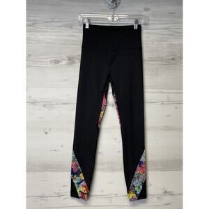 Soulgani Active Leggings Womens XXS Black High Rise Floral Trim Yoga Gym Pants